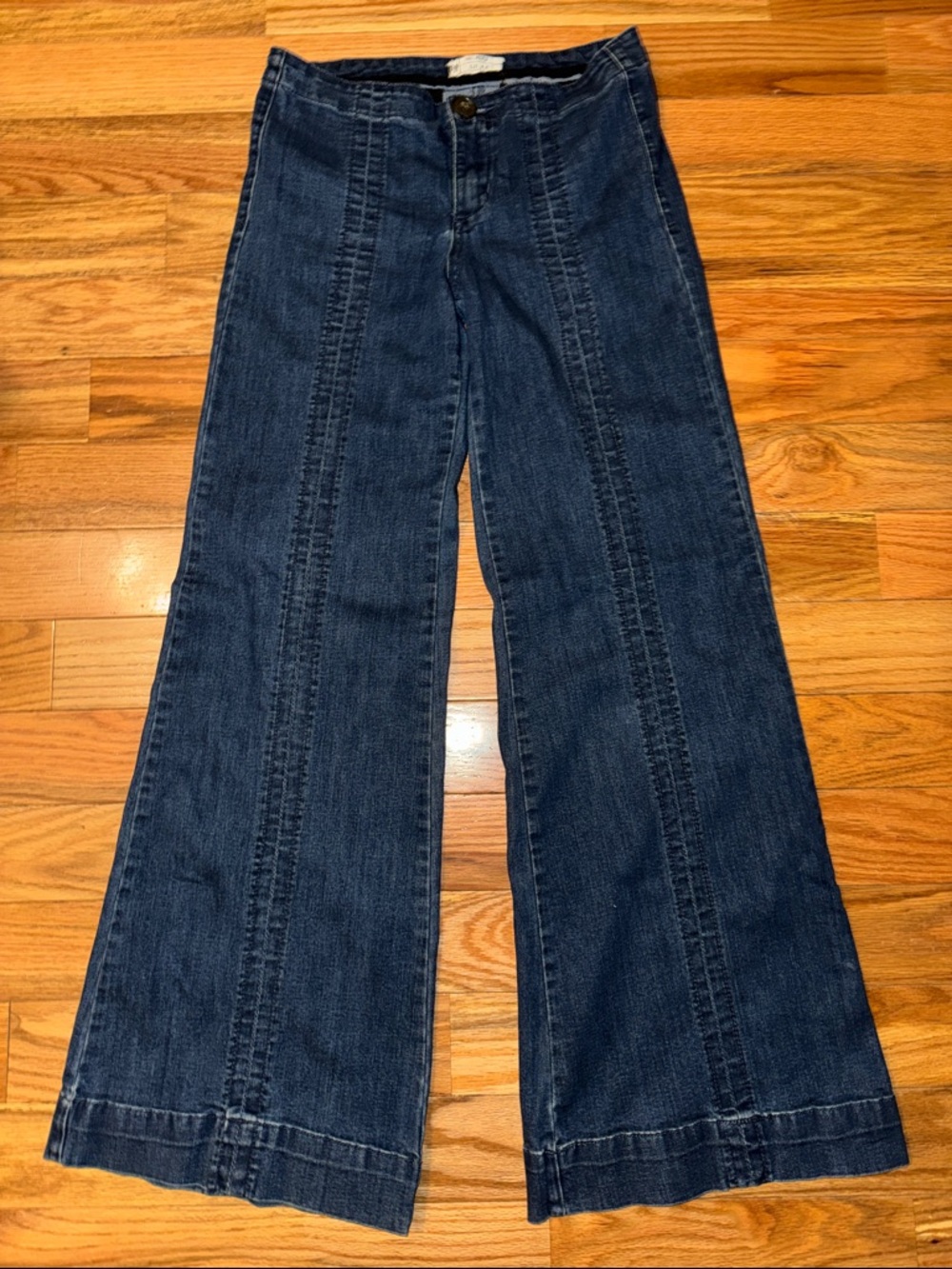 Free People Front Seam Deep Sea Blue Stretch Denim Wide-Leg Jeans, size 29